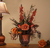 Delphinium and Roses in Cardinal Planter